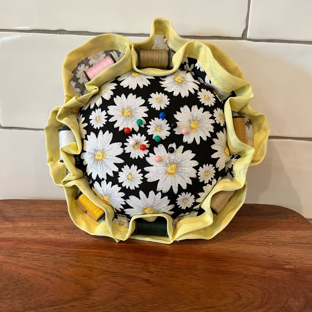 Hand Crafted Daisy Pin Cushion with Yellow Trim